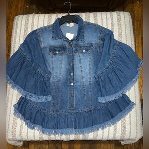 Girl Soul Tiered Fringe Denim Shirt- Medium Blue PTP 22”